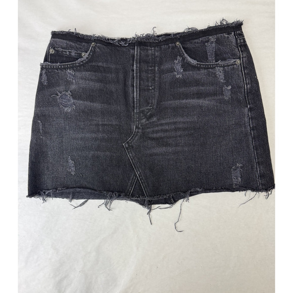 Reformation Black Distressed Denim Mini Skirt Raw Hem High Rise Size 28 - Picture 1 of 8